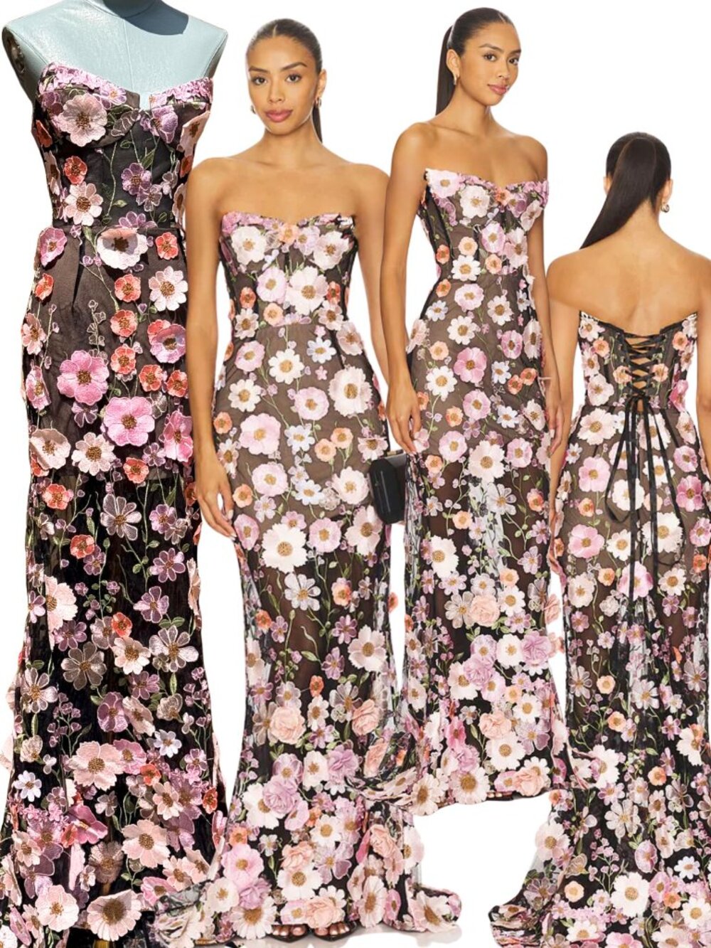 🆕 BRONX & BANCO 🧿 NWOT Jasmine Floral-Appliqued Gown, Black Multi - SzXS US 2